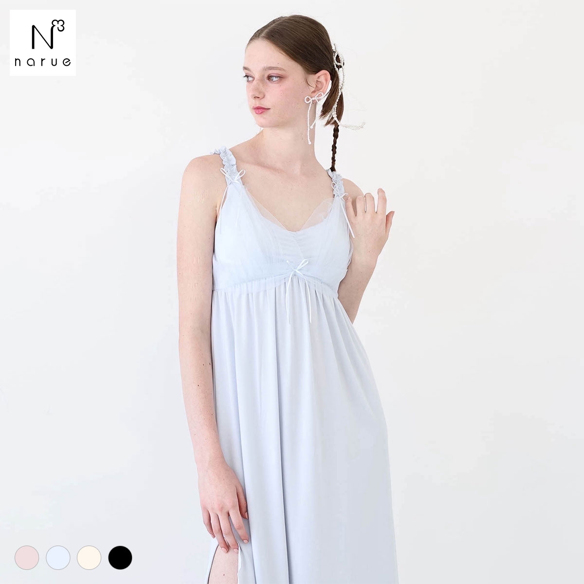 ナルエー パジャマ T/R天竺ヒロインナイトドレス ルームウェア ドレス ネグリジェ カップイン カップ付き レディース NARUE(BU-ブルー-M)