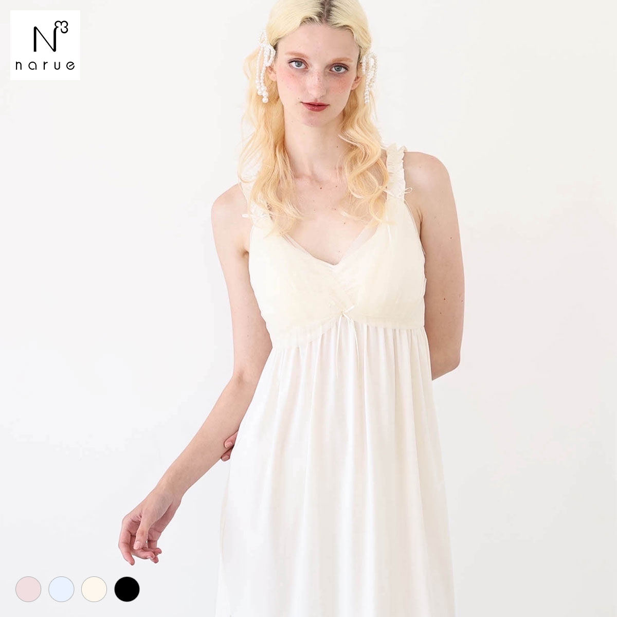 ナルエー パジャマ T/R天竺ヒロインナイトドレス ルームウェア ドレス ネグリジェ カップイン カップ付き レディース NARUE(IV-アイボリー-M)