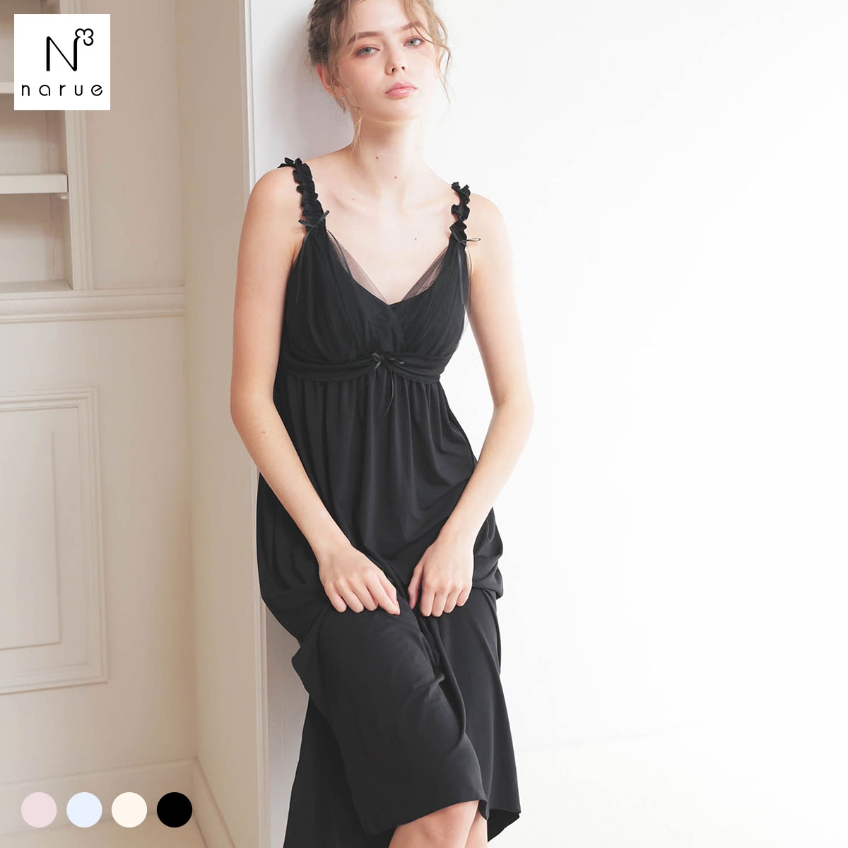 ナルエー パジャマ T/R天竺ヒロインナイトドレス ルームウェア ドレス ネグリジェ カップイン カップ付き レディース NARUE(BK-ブラック-M)