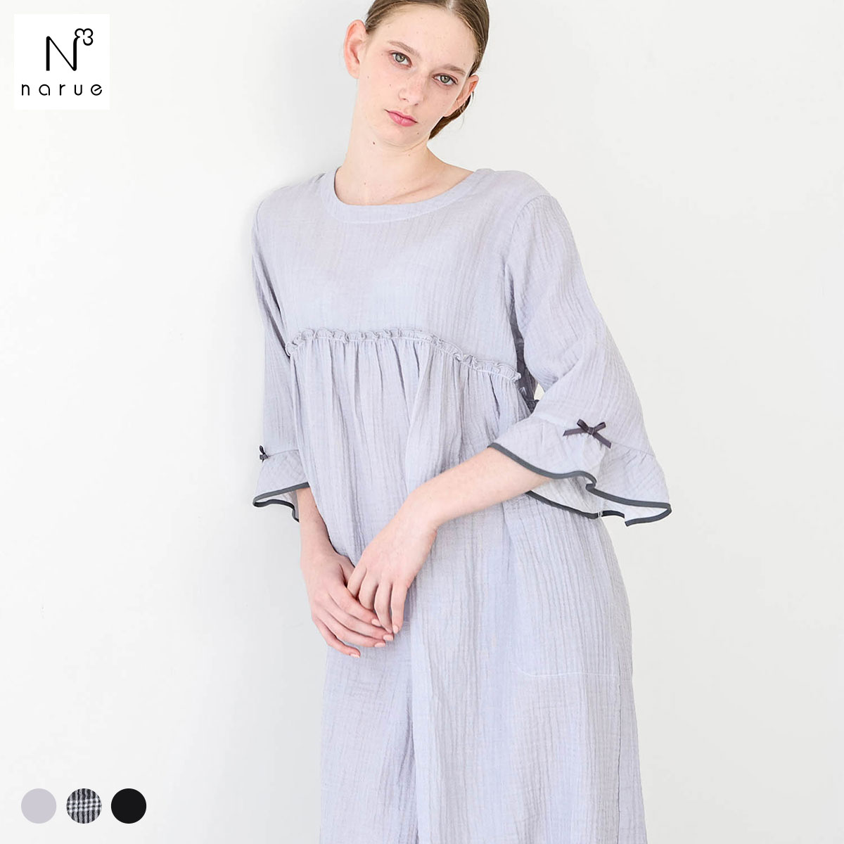 ナルエー パジャマ シュークリームガーゼ(R)ベーシックルームワンピース ルームウェア レディース 7分袖 NARUE(GY-グレー-M-L)