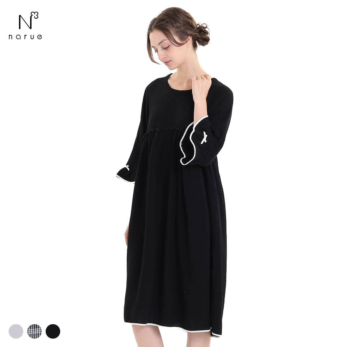 ナルエー パジャマ シュークリームガーゼ(R)ベーシックルームワンピース ルームウェア レディース 7分袖 NARUE(BK-ブラック-M-L)
