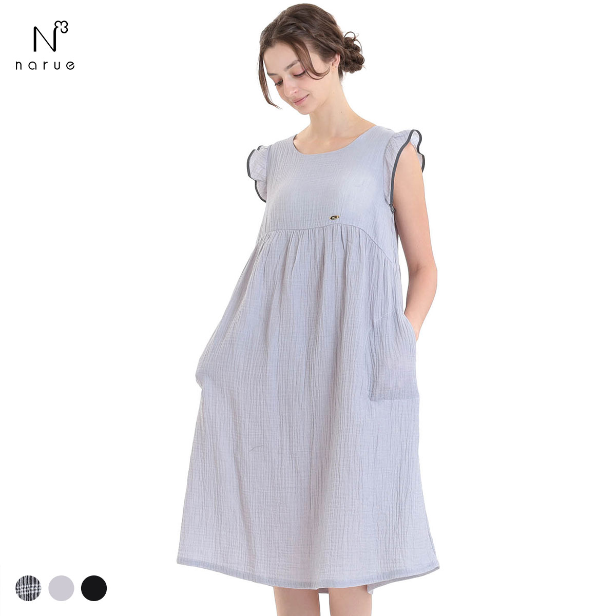 ナルエー パジャマ シュークリームガーゼ(R)ベーシックルームドレス ワンピース カップ付き ルームウェア レディース NARUE(GY-グレー-M-L)