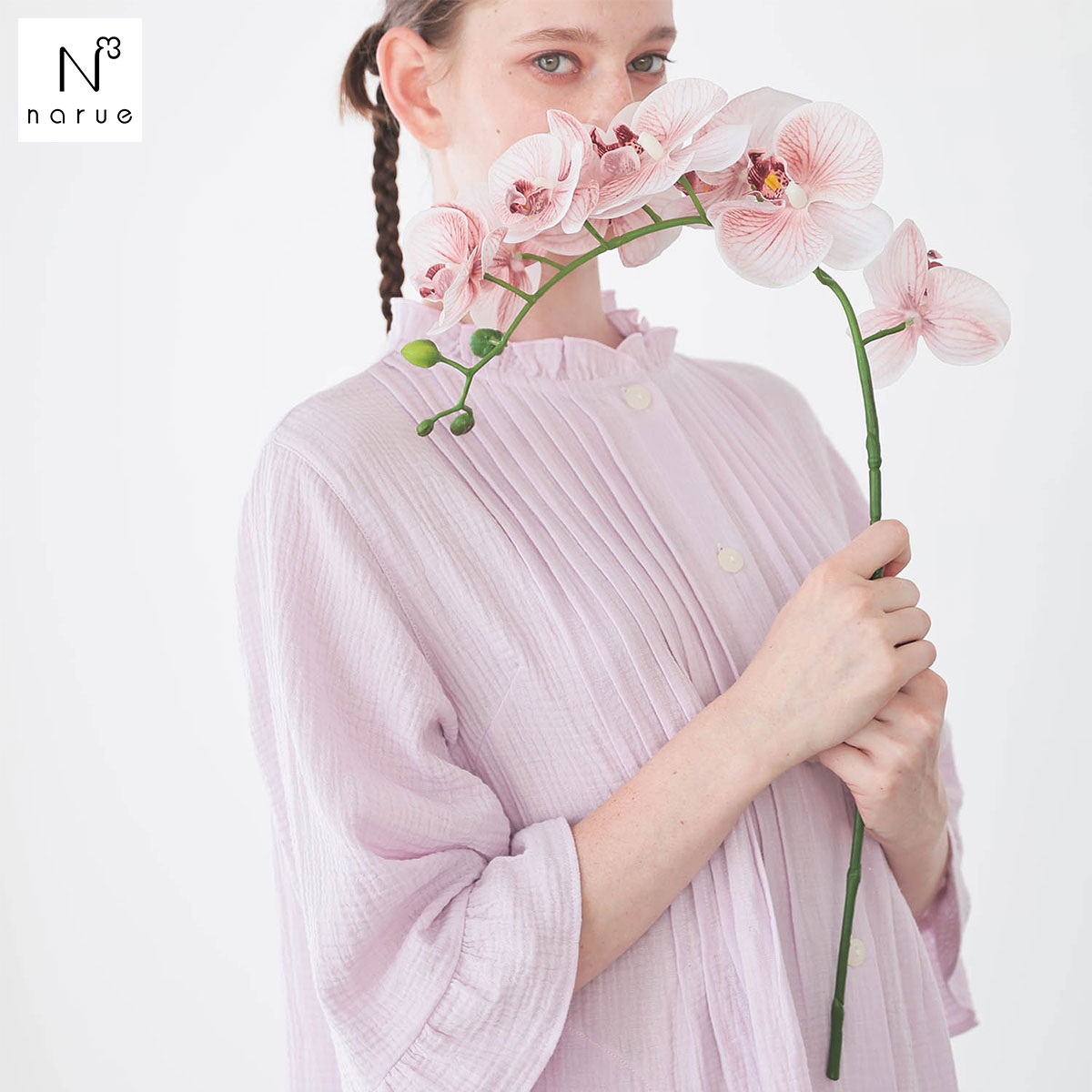 ナルエー パジャマ 50/ダブルガーゼクラシカルナイトドレス ワンピース ドレス 綿100％ ネグリジェ 7分袖 NARUE(PU-パープル-M-L)