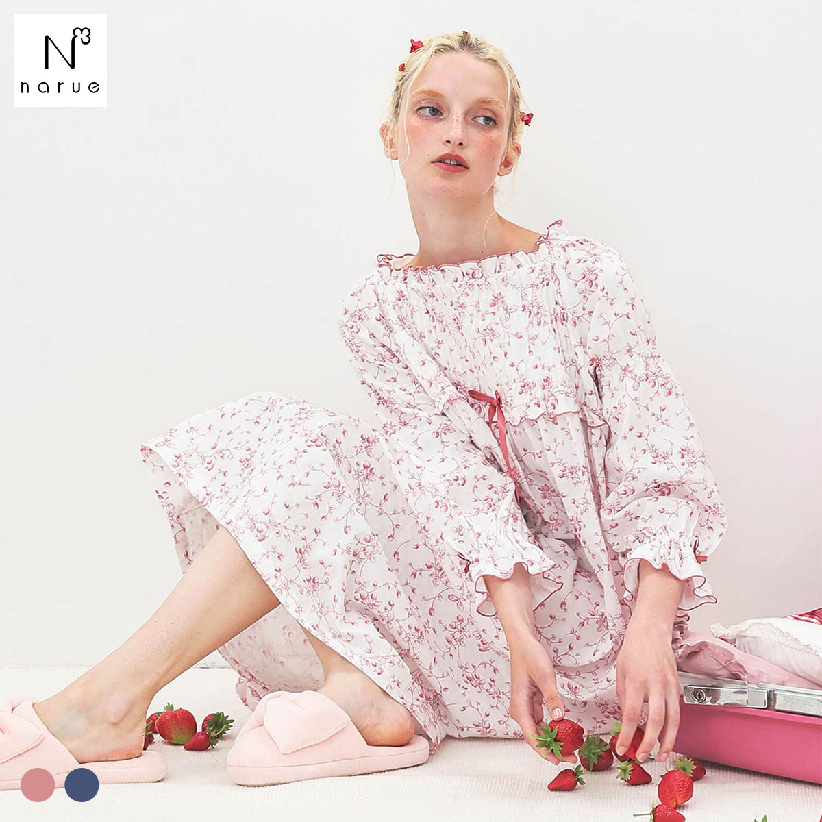 ナルエー パジャマ 40/ダブルガーゼプティフレーズドレス ルームウェア ワンピース ドレス 綿100％ ネグリジェ NARUE(PI-ピンク-M-L)