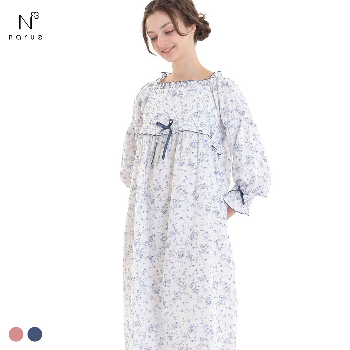 ナルエー パジャマ 40/ダブルガーゼプティフレーズドレス ルームウェア ワンピース ドレス 綿100％ ネグリジェ NARUE(NV-ネイビー-M-L)