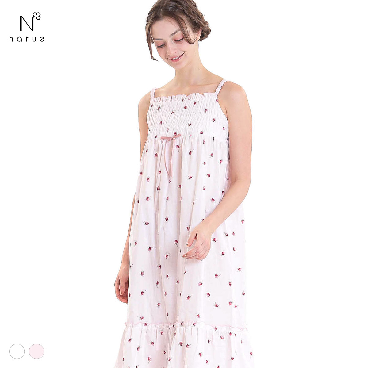 ナルエー パジャマ コットンダブルガーゼいちごキャミソールドレス ワンピース ルームウェア 綿100％ NARUE(PI-ピンク-M)