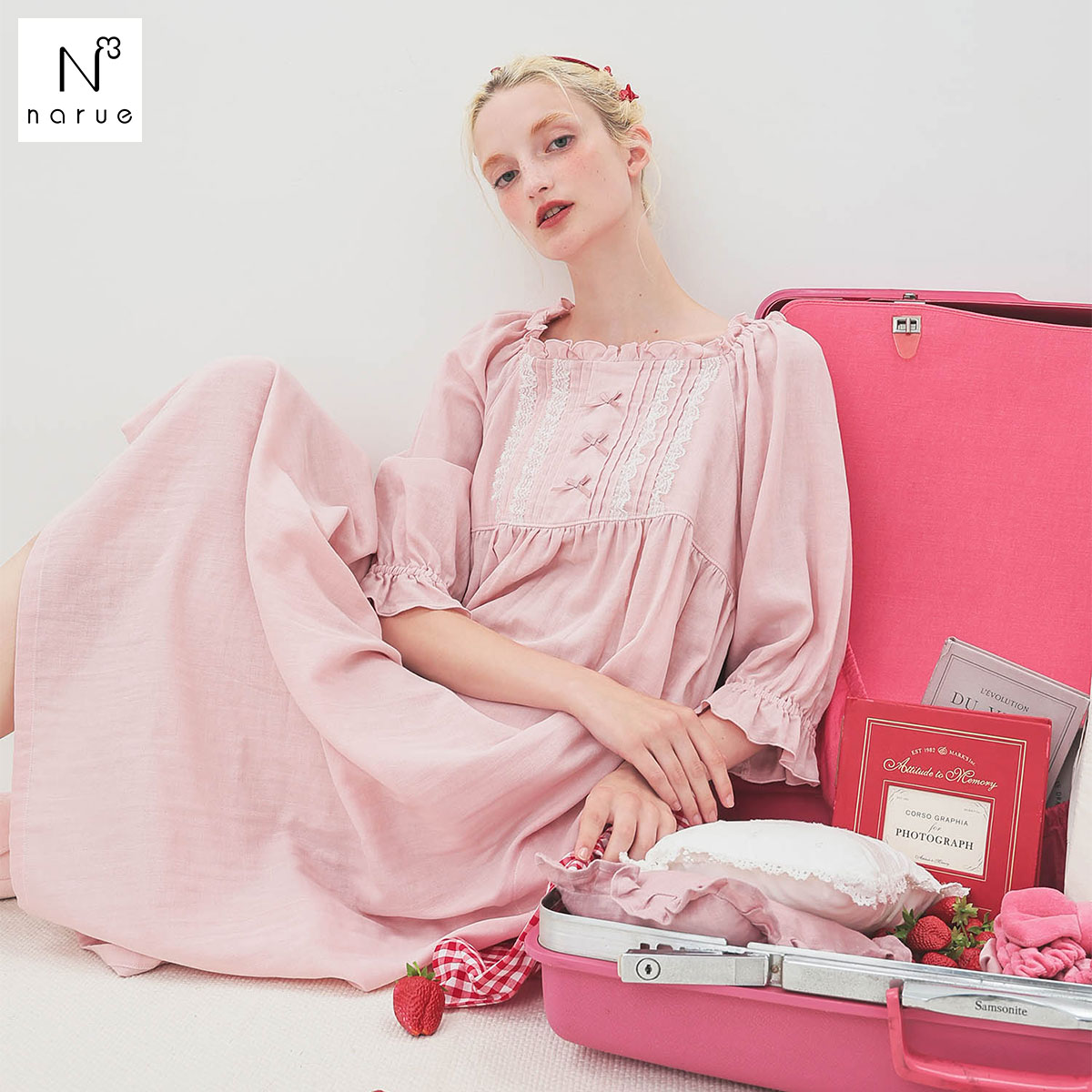 ナルエー パジャマ コットンダブルガーゼレーシーフリルドレス ルームウェア 7分袖 レディース NARUE(PI-ピンク-M-L)