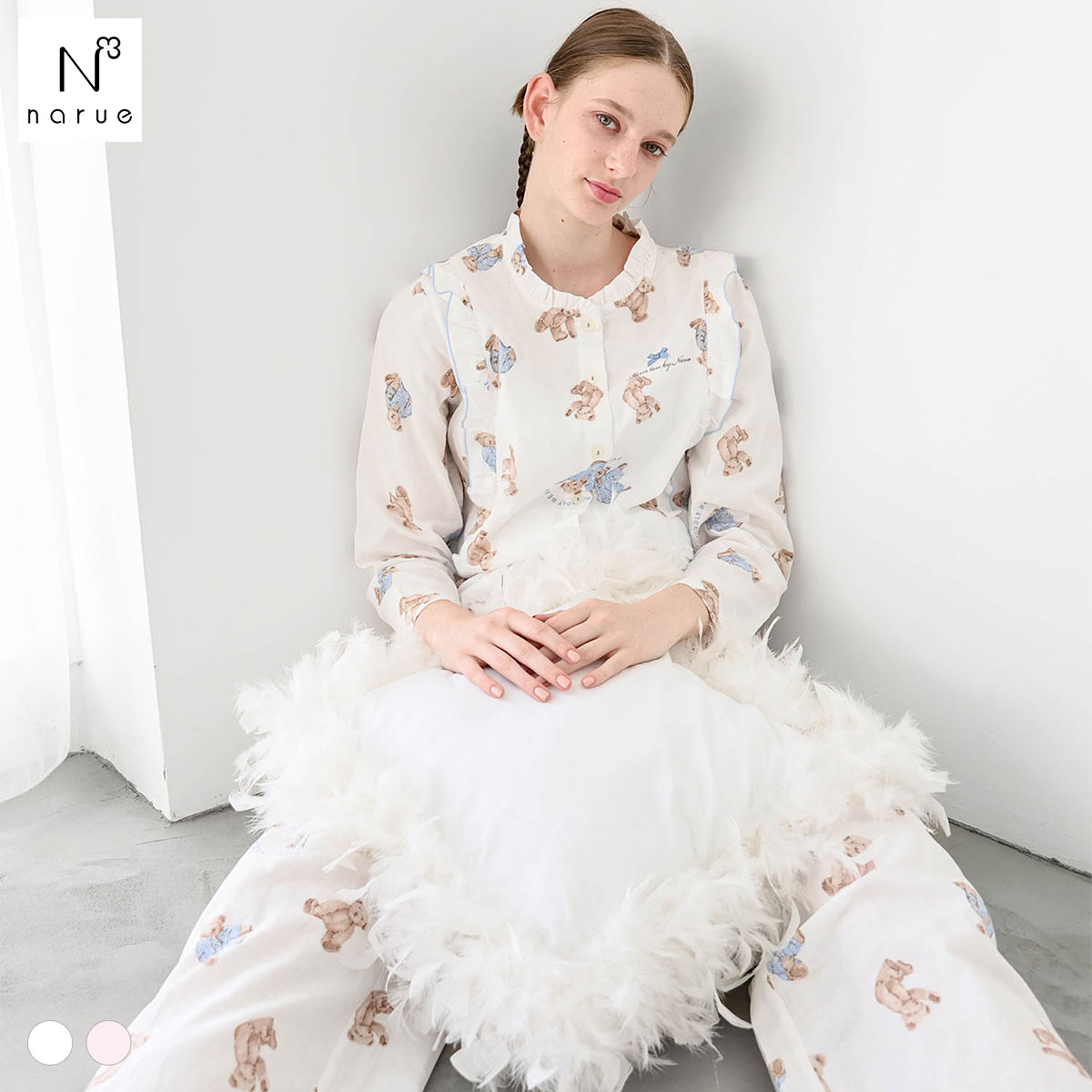 ナルエー パジャマ コットンダブルガーゼおやすみベアフリルパジャマ ルームウェア ロングパンツ 長袖 上下セット 綿100％ NARUE(WH-ホワイト-M-L)
