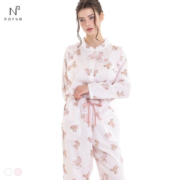 ナルエー パジャマ コットンダブルガーゼおやすみベアフリルパジャマ ルームウェア ロングパンツ 長袖 上下セット 綿100％ NARUE