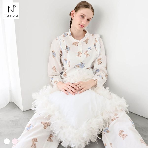 ナルエー パジャマ コットンダブルガーゼおやすみベアフリルパジャマ ルームウェア ロングパンツ 長袖 上下セット 綿100％ NARUE