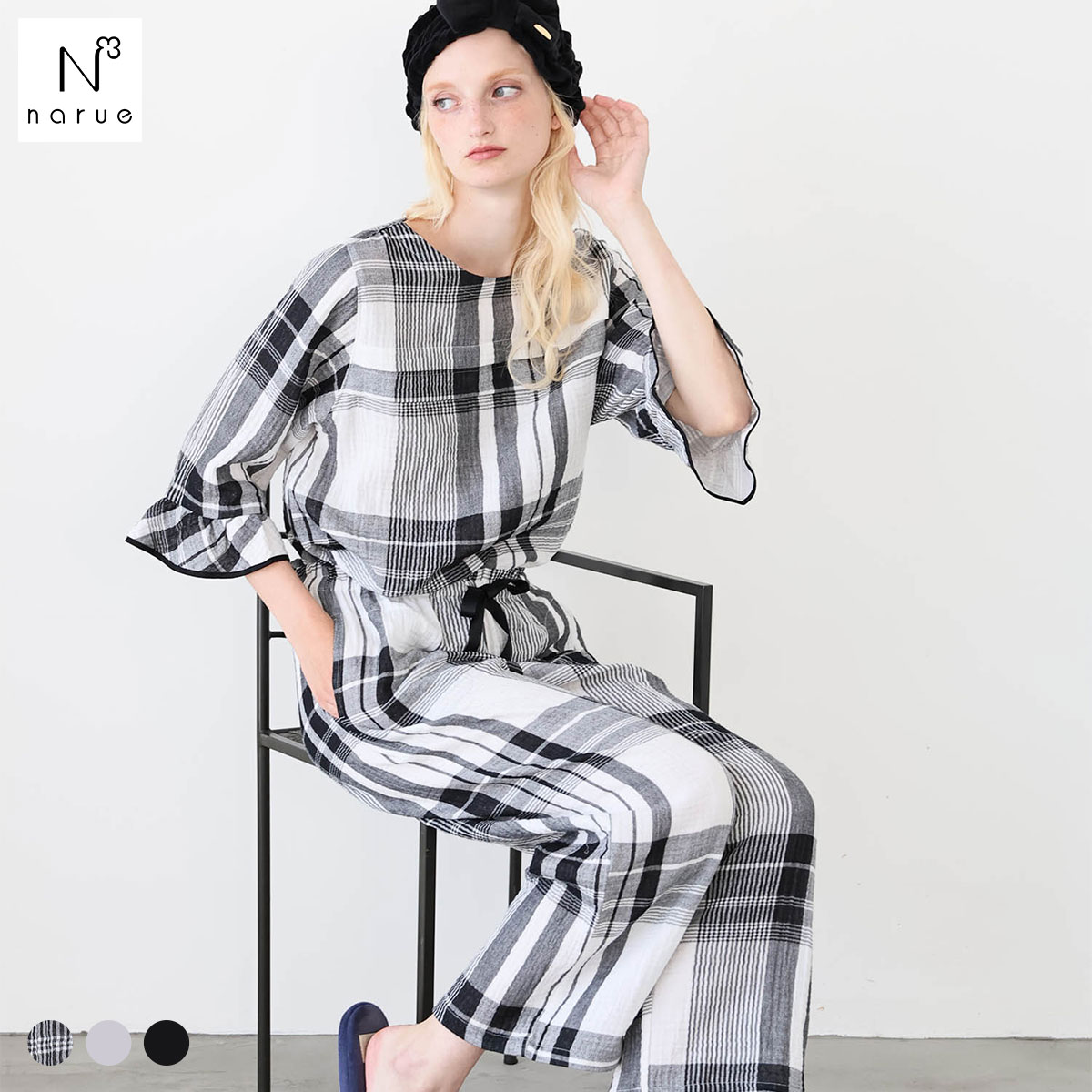 ナルエー パジャマ シュークリームガーゼ(R)ベーシックルームセットアップ ルームウェア 上下セット 7分袖 9分丈 NARUE(CHK-チェック-M-L)
