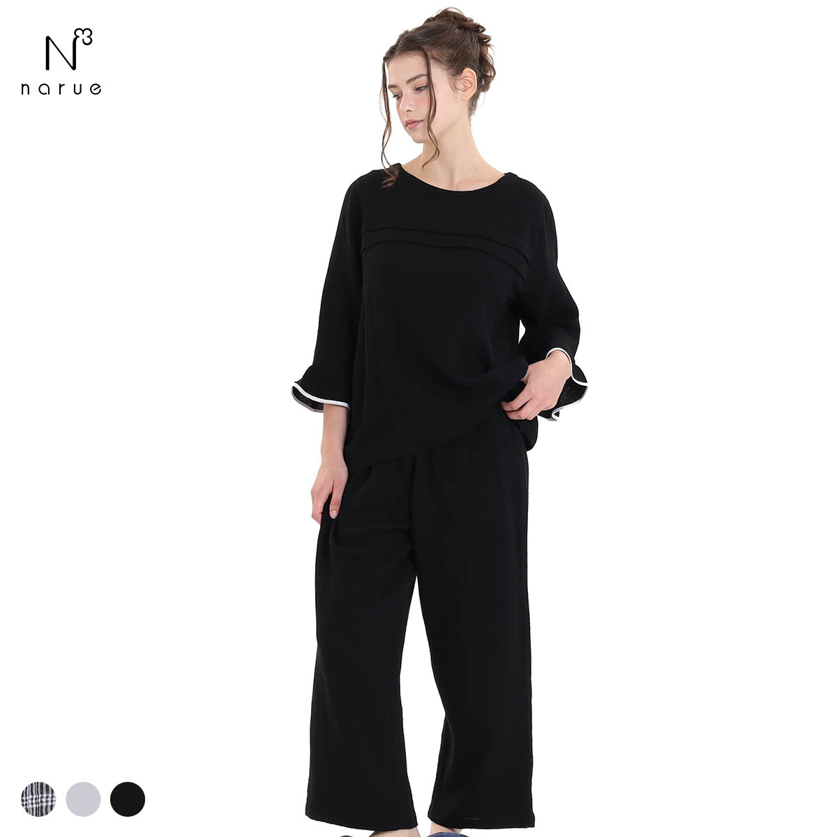 ナルエー パジャマ シュークリームガーゼ(R)ベーシックルームセットアップ ルームウェア 上下セット 7分袖 9分丈 NARUE(BK-ブラック-M-L)