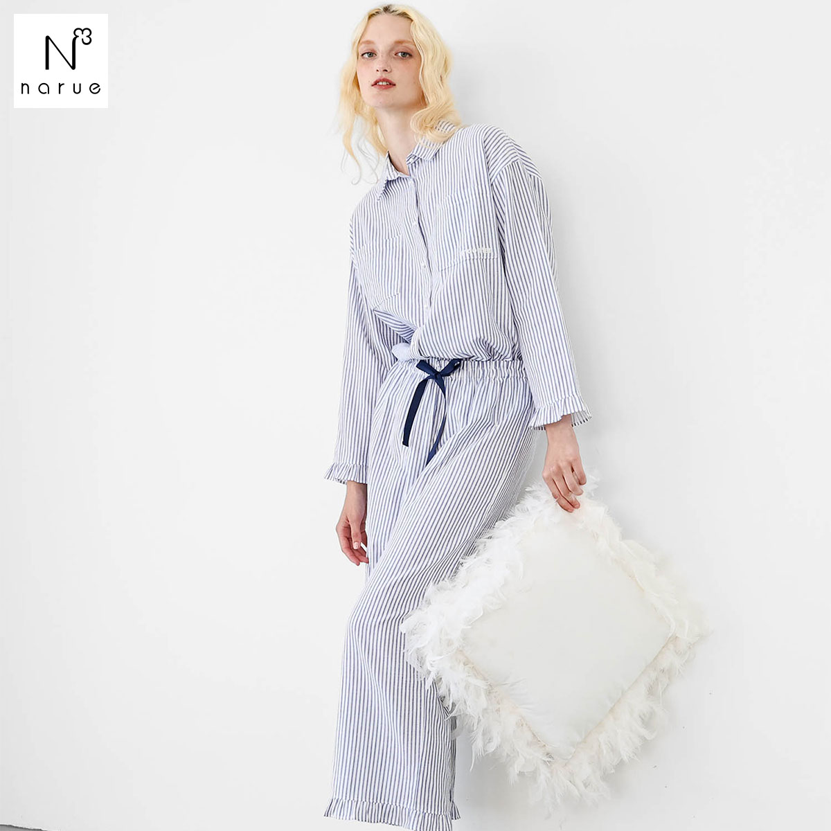 ナルエー パジャマ コットンダブルガーゼストライプシャツパジャマ ルームウェア 上下セット 長袖 9分丈 NARUE