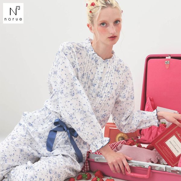 ナルエー パジャマ 40/ダブルガーゼプティフレーズピンタックパジャマ セットアップ 上下セット ルームウェア 綿100％ Narue