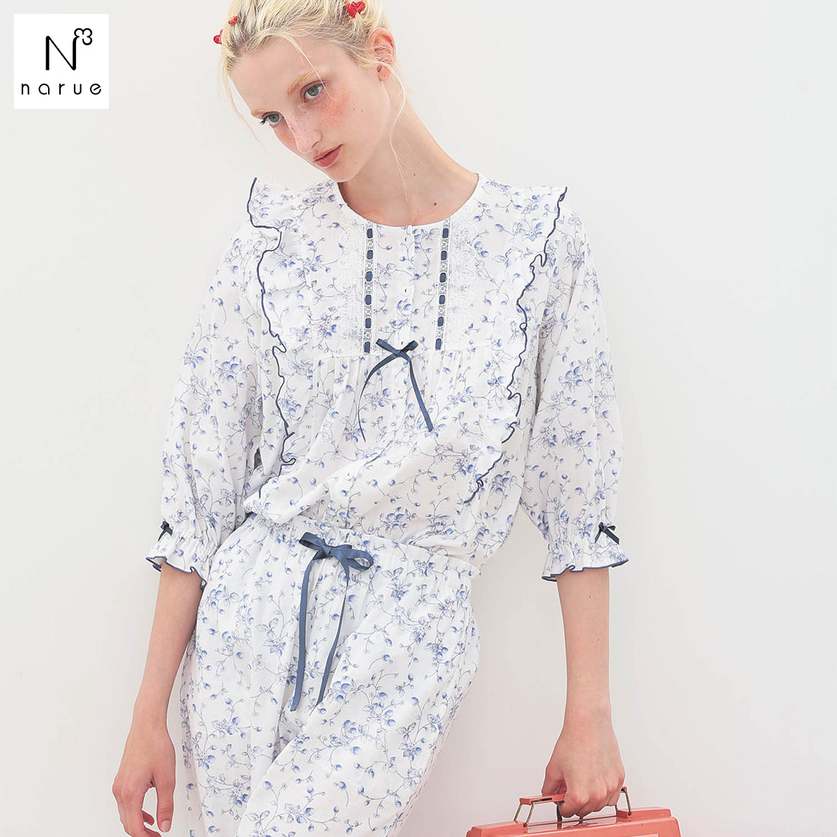 ナルエー パジャマ 40/ダブルガーゼプティフレーズフリル7分袖パジャマ セットアップ 上下セット ルームウェア 7分丈 綿100％ Narue(NV-ネイビー-M)