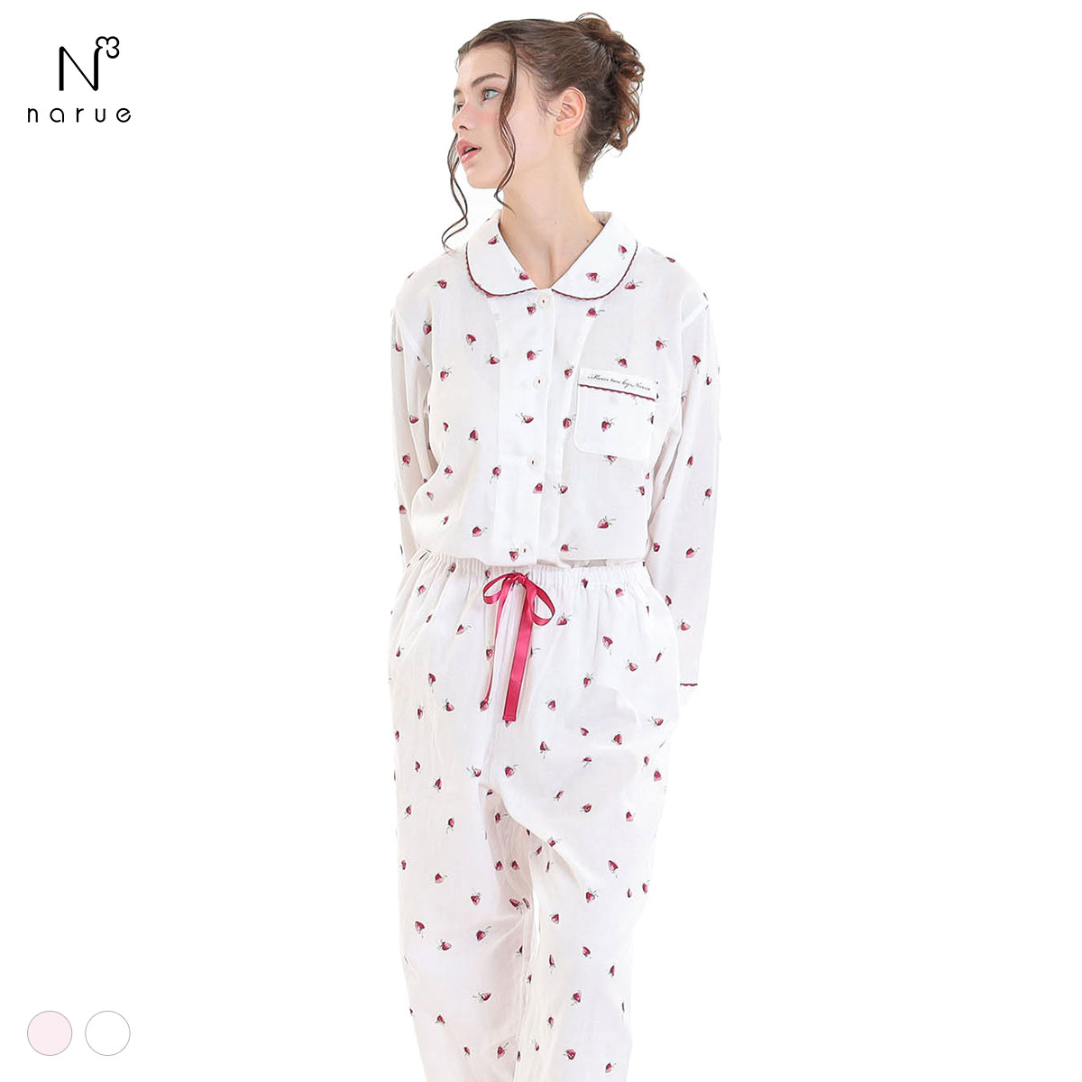 ナルエー パジャマ コットンダブルガーゼいちごシャツパジャマ ルームウェア ロングパンツ 長袖 上下セット 綿100％ NARUE(WH-ホワイト-M-L)