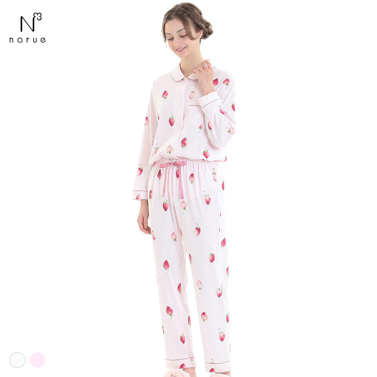 ナルエー パジャマ コットンスムースいちごシャツパジャマ セットアップ 上下セット ルームウェア 長袖 綿100％ NARUE(PI-ピンク-M-L)
