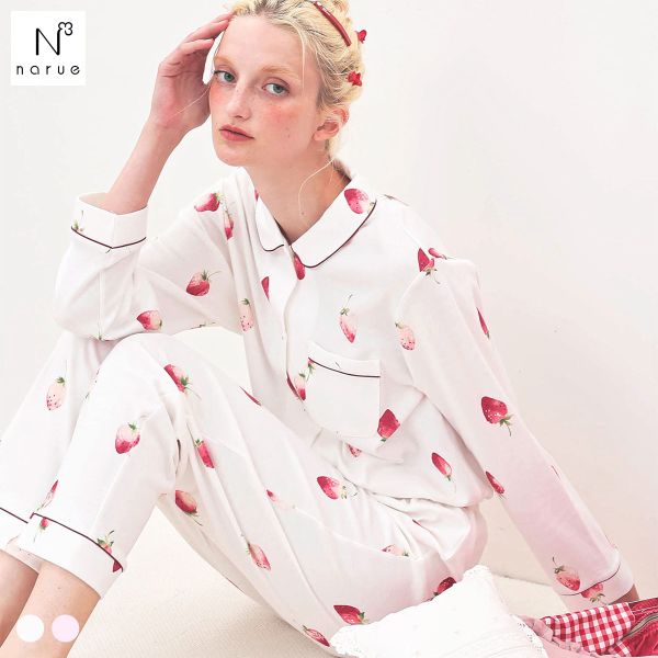 ナルエー パジャマ コットンスムースいちごシャツパジャマ セットアップ 上下セット ルームウェア 長袖 綿100％ NARUE