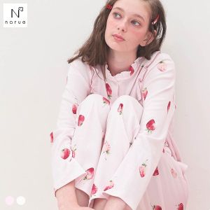 ナルエー パジャマ コットンスムースいちごフリルパジャマ セットアップ 上下セット ルームウェア 長袖 綿100％ NARUE