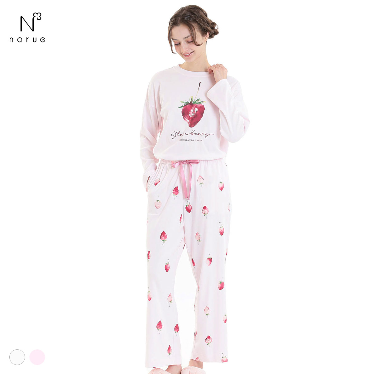 ナルエー パジャマ コットンスムースいちごセットアップ セットアップ 上下セット ルームウェア 長袖 綿100％ NARUE(PI-ピンク-M-L)