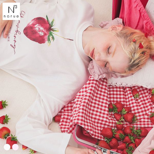 ナルエー パジャマ コットンスムースいちごセットアップ セットアップ 上下セット ルームウェア 長袖 綿100％ NARUE