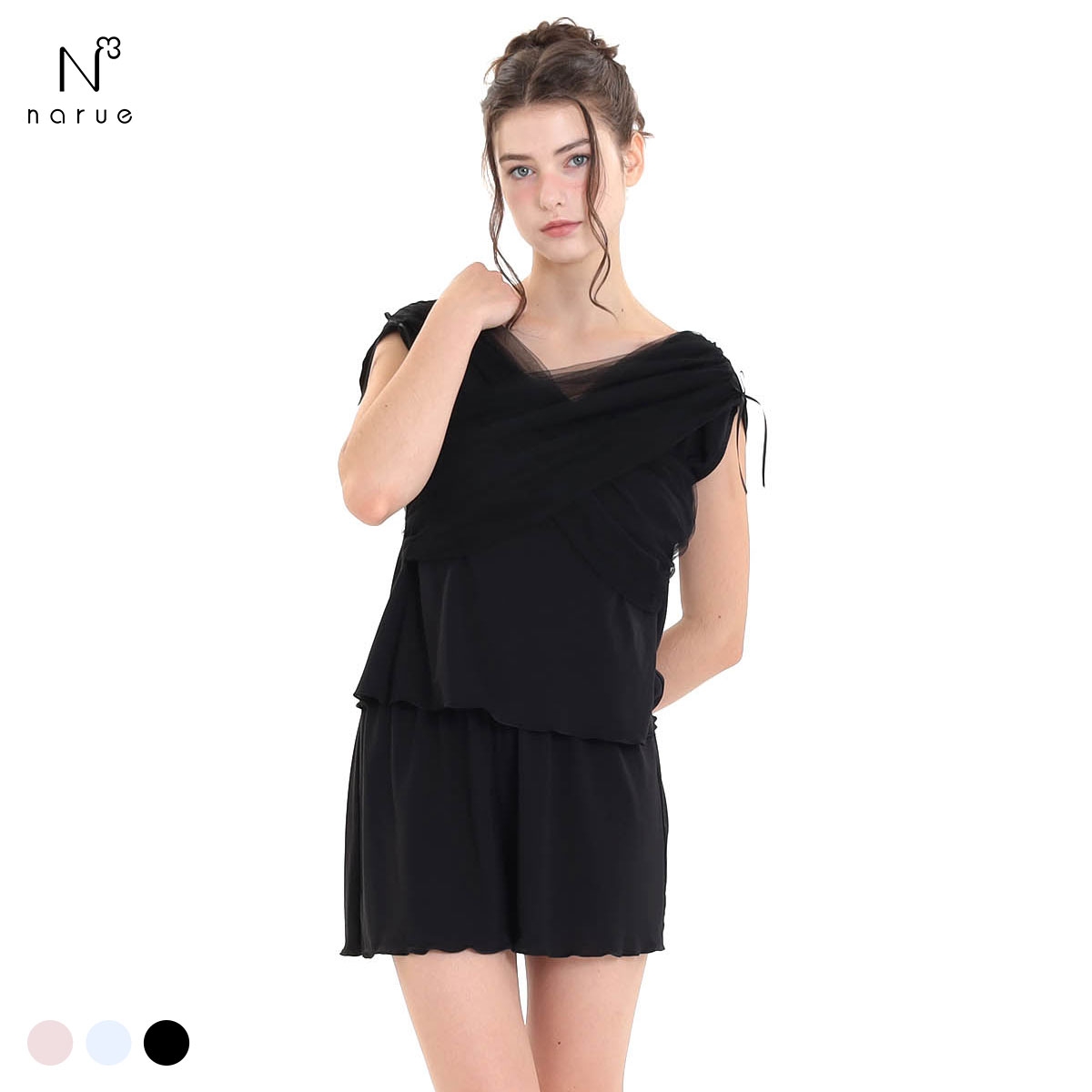 ナルエー パジャマ ルナ・チュールセットアップ 上下セット ルームウェア 半袖 NARUE(BK-ブラック-M)