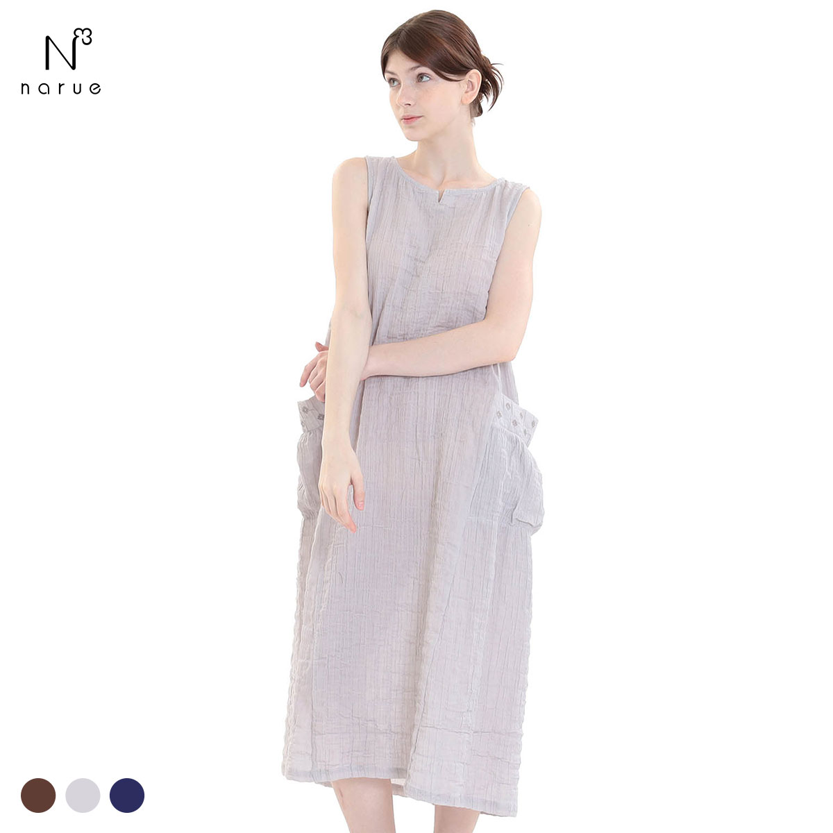 ナルエー パジャマ シャーリングダブルガーゼプティ刺繍ノースリーブワンピース ワンピース ルームウェア NARUE(GY-グレー-M-L)