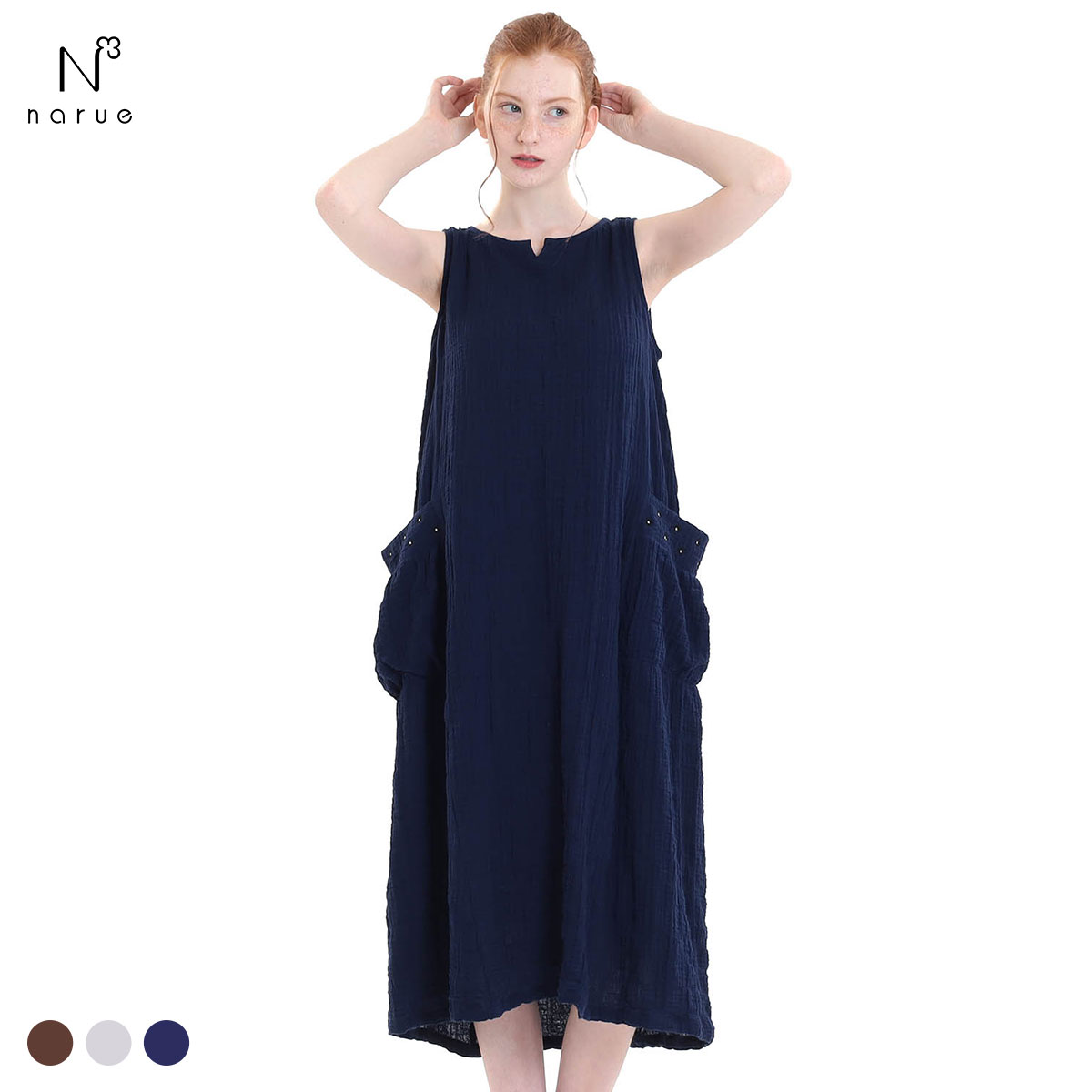 ナルエー パジャマ シャーリングダブルガーゼプティ刺繍ノースリーブワンピース ワンピース ルームウェア NARUE(NV-ネイビー-M-L)