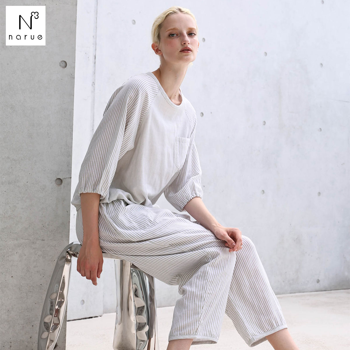 ナルエー パジャマ コットンダブルガーゼストライプ7分袖パジャマ セットアップ ルームウェア 長袖 7分袖 綿100％ 2重ガーゼ NARUE(GR-グリーン-M-L)