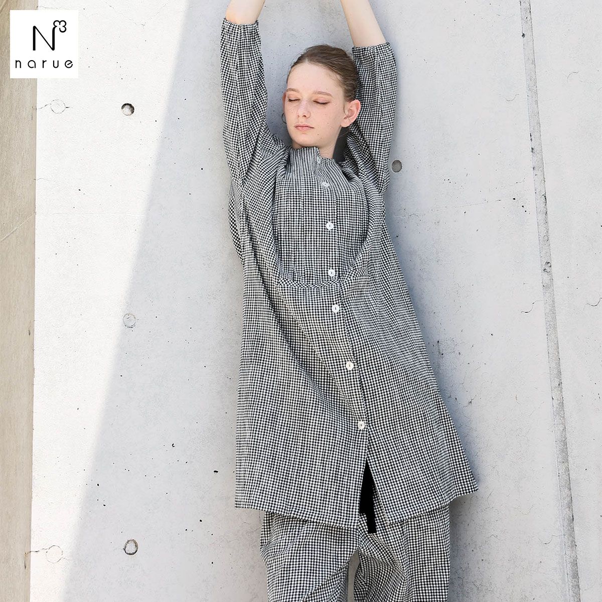 ナルエー パジャマ 楊柳エアリールームチュニックパジャマ セットアップ ルームウェア 上下セット 7分袖 9分丈 NARUE(CHK-チェック-M-L)