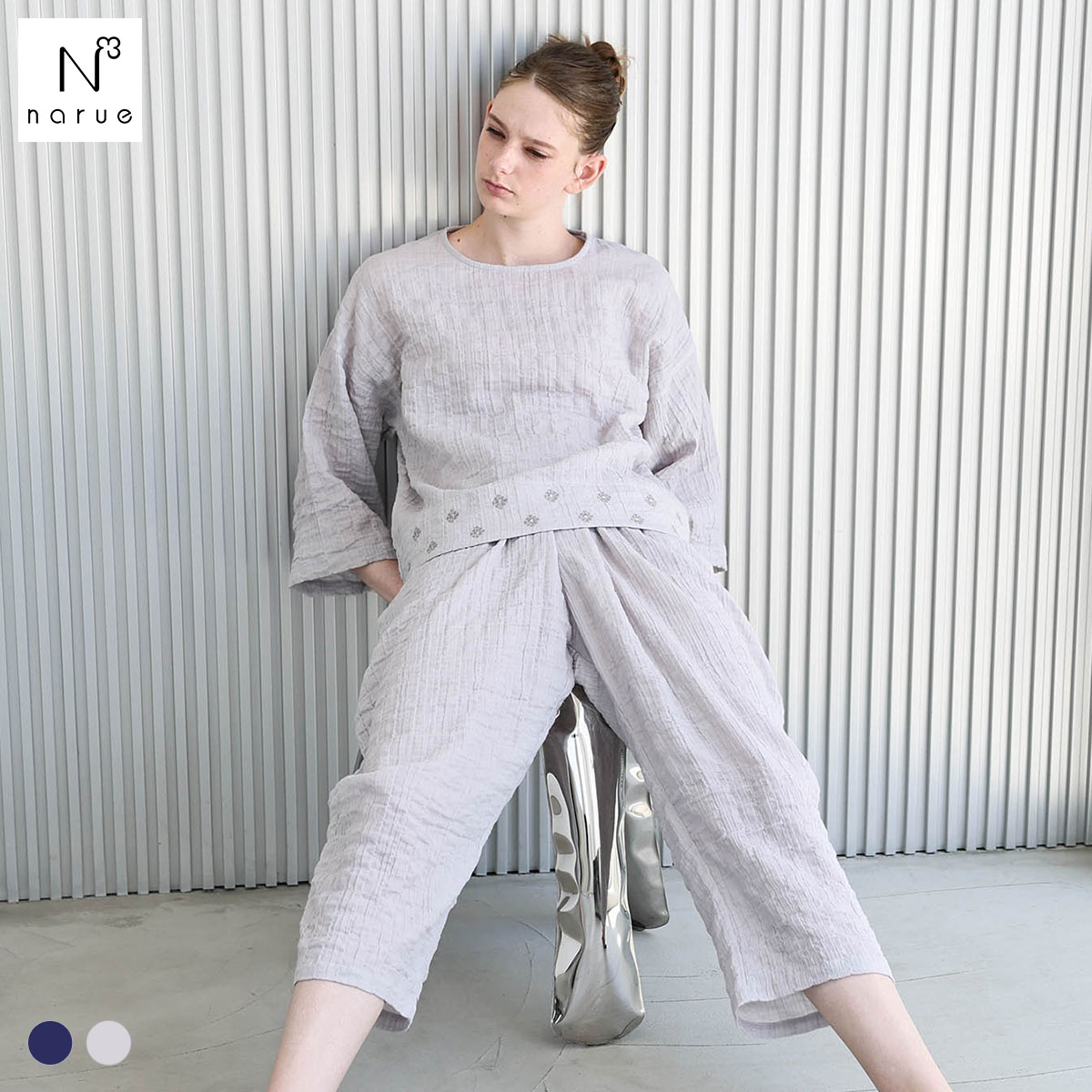 ナルエー パジャマ シャーリングダブルガーゼプティ刺繍セットアップ 上下セット セットアップ 7分袖 9分丈 ルームウェア NARUE(GY-グレー-M-L)
