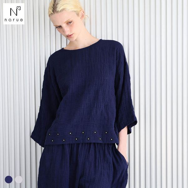 ナルエー パジャマ シャーリングダブルガーゼプティ刺繍セットアップ 上下セット セットアップ 7分袖 9分丈 ルームウェア NARUE