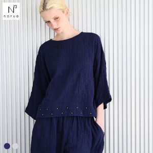 ナルエー パジャマ シャーリングダブルガーゼプティ刺繍セットアップ 上下セット セットアップ 7分袖 9分丈 ルームウェア NARUE