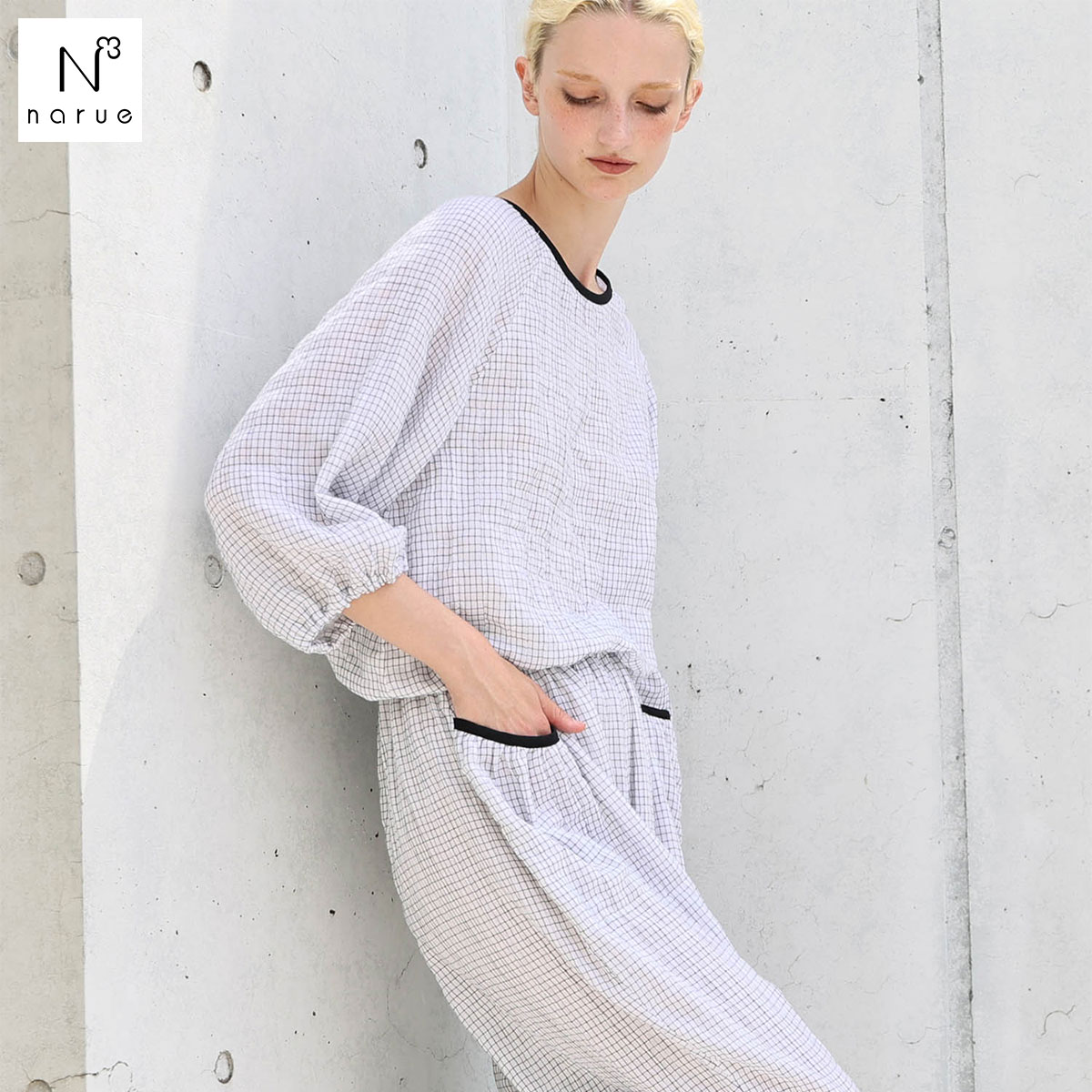 ナルエー パジャマ シャーリングダブルガーゼラインチェックセットアップ 上下セット ルームウェア 7分袖 9分丈 NARUE(BK-ブラック-M-L)