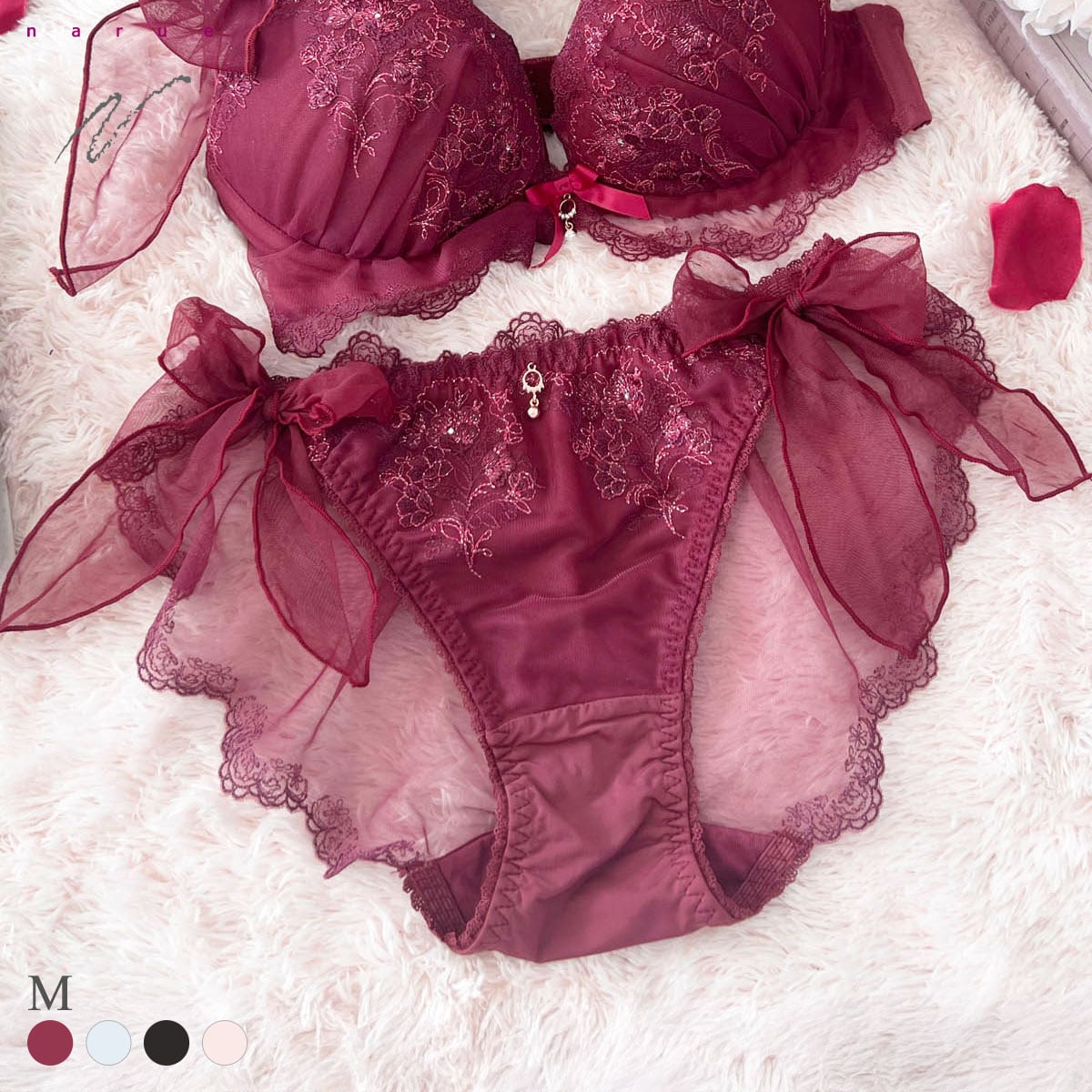 ナルエー ランジェリー セレニティ ショーツ サイドリボン バックレース フルバック NARUE(BO-ボルドー-M)