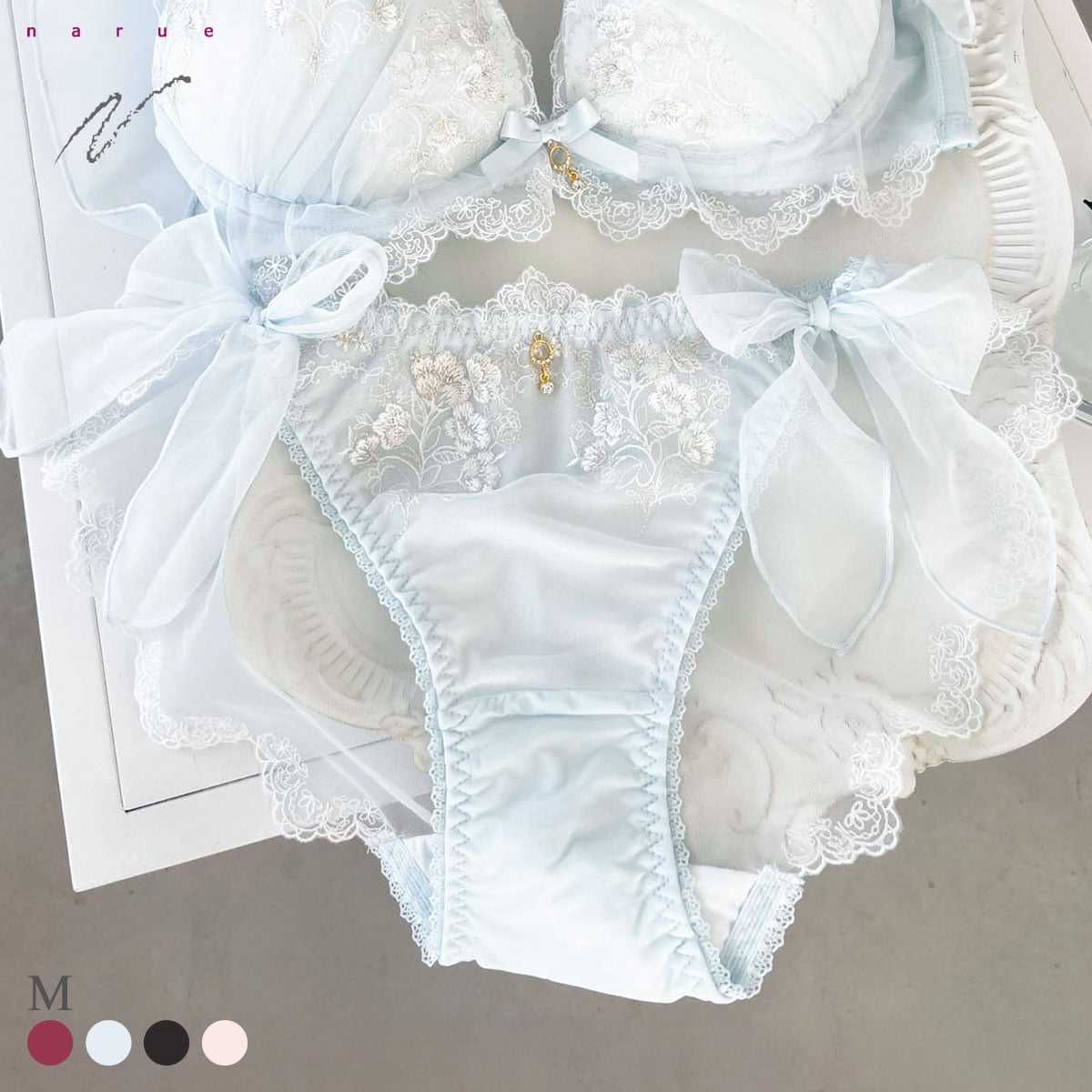 ナルエー ランジェリー セレニティ ショーツ サイドリボン バックレース フルバック NARUE(BU-ブルー-M)