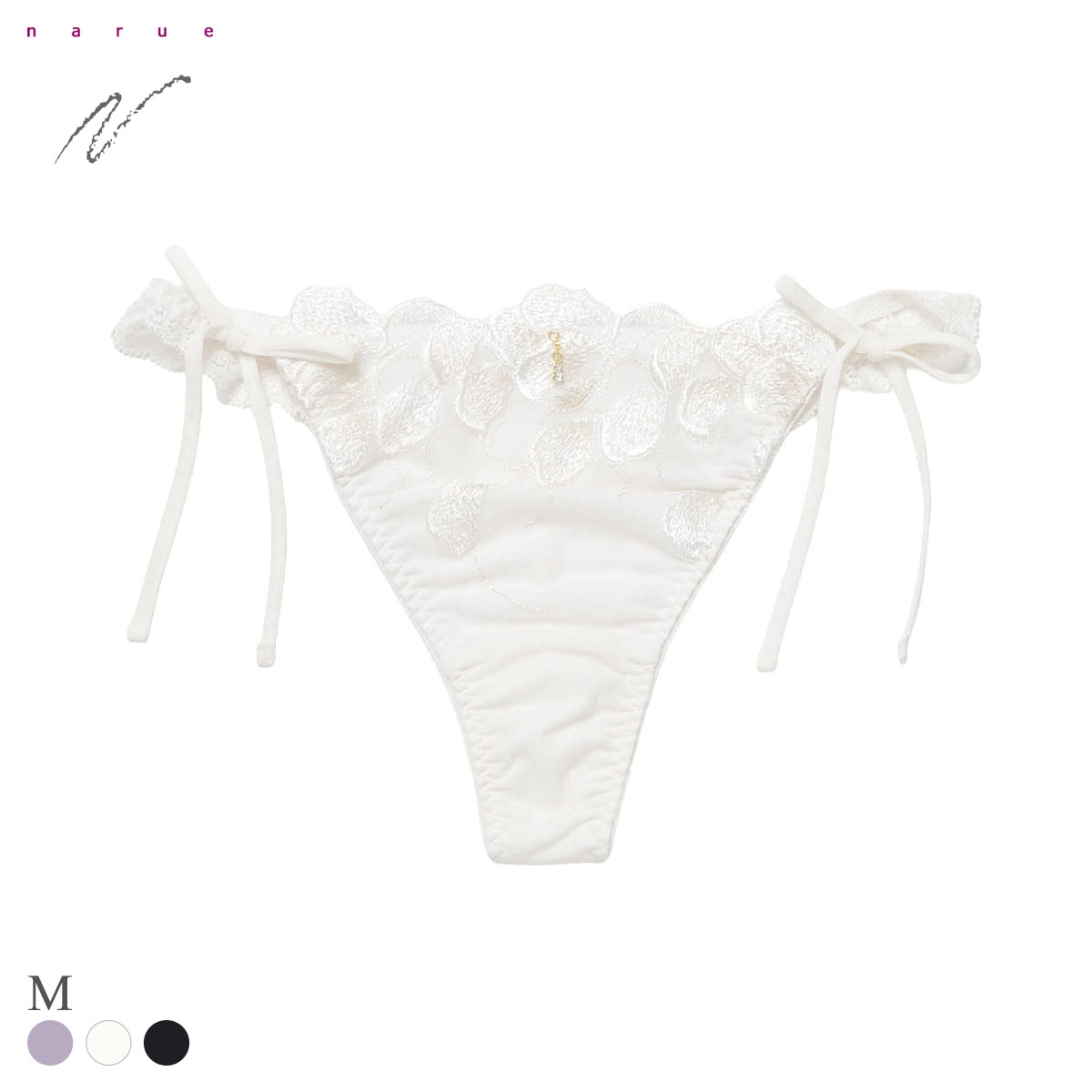 ナルエー ランジェリー オーロラ ショーツ Tバック サイドリボン 紐パン バックレース 総レース NARUE(WH-ホワイト-M)