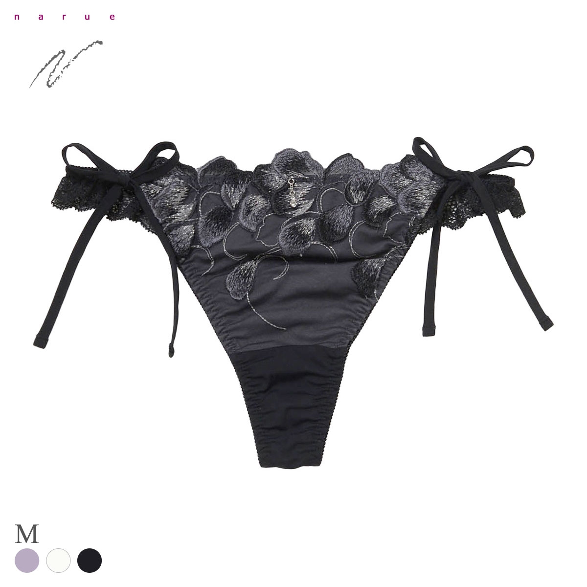 ナルエー ランジェリー オーロラ ショーツ Tバック サイドリボン 紐パン バックレース 総レース NARUE(BK-ブラック-M)