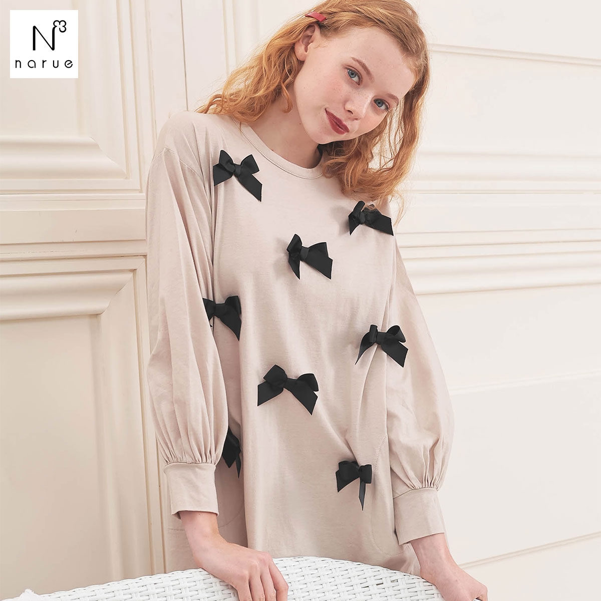 ナルエー パジャマ コットン天竺リボンコアワンピース ワンピース ルームウェア narue(BE-ベージュ-M-L)