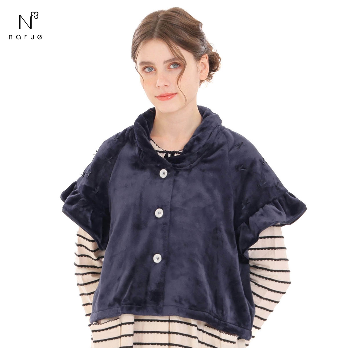 ナルエー パジャマ ソフティースノーリボンリボンケープ 半袖 ジャケット ルームウェア NARUE(NV-ネイビー-M-L)