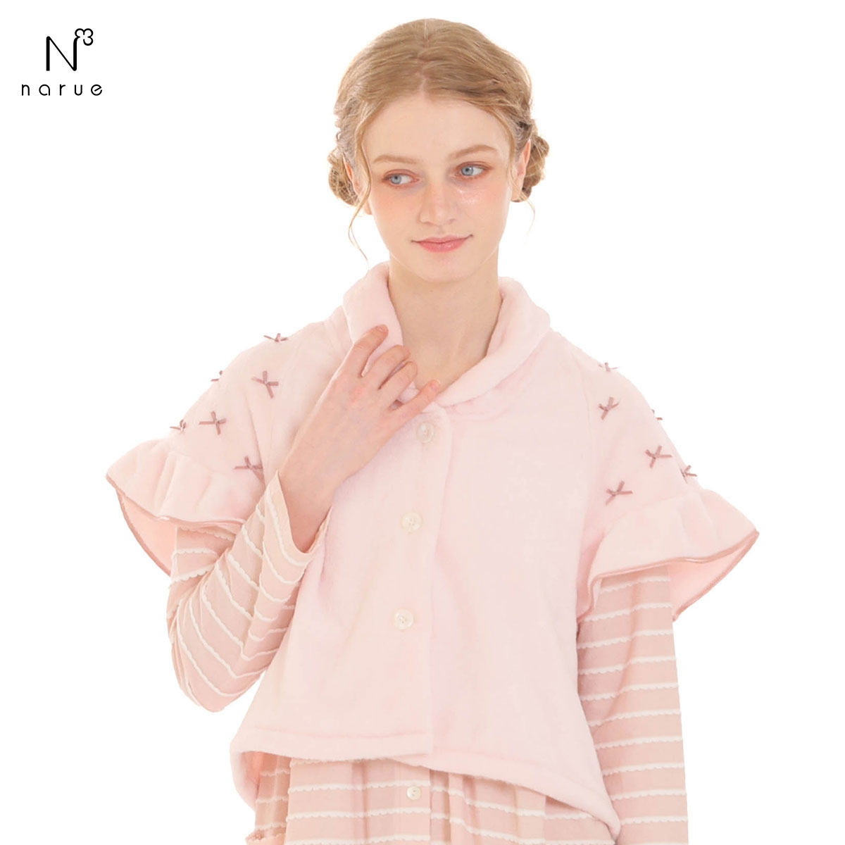 ナルエー パジャマ ソフティースノーリボンリボンケープ 半袖 ジャケット ルームウェア NARUE(PI-ピンク-M-L)
