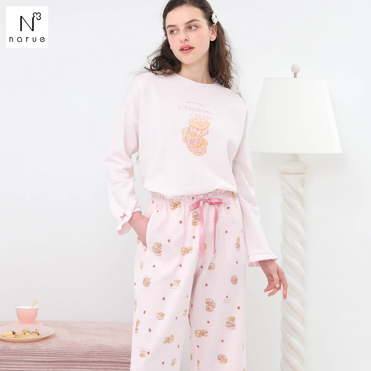 ナルエー パジャマ エアーニットいちごクッキーサンドセットアップ ルームウェア ロングパンツ 長袖 上下セット NARUE(PI-ピンク-M-L)