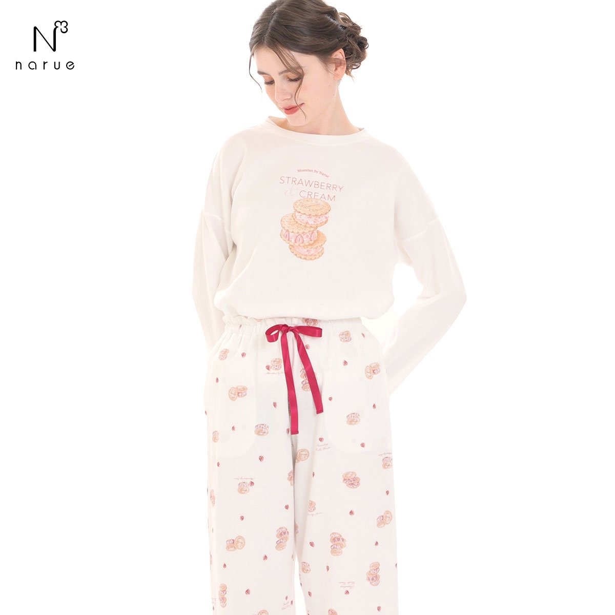 ナルエー パジャマ エアーニットいちごクッキーサンドセットアップ ルームウェア ロングパンツ 長袖 上下セット NARUE(WH-ホワイト-M-L)