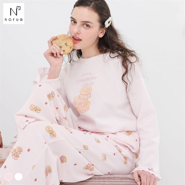 ナルエー パジャマ エアーニットいちごクッキーサンドセットアップ ルームウェア ロングパンツ 長袖 上下セット NARUE