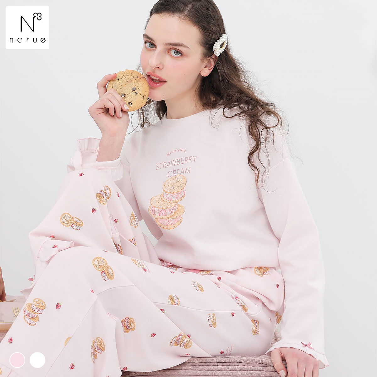 ナルエー パジャマ エアーニットいちごクッキーサンドセットアップ ルームウェア ロングパンツ 長袖 上下セット NARUE