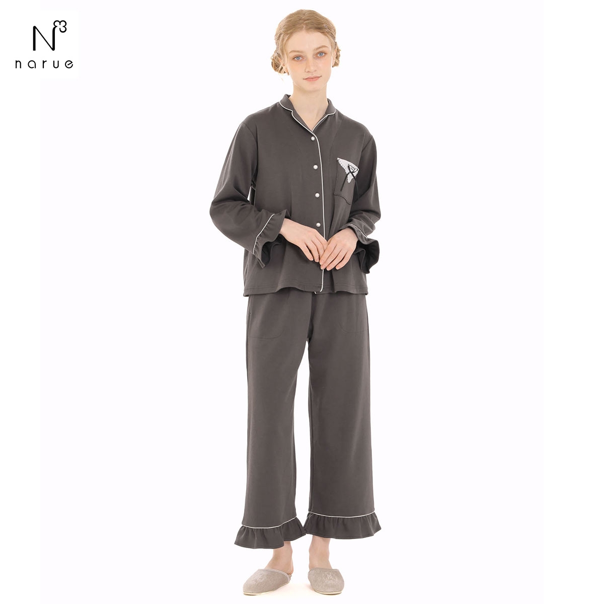 ナルエー パジャマ エアーニットカリグラフィーシャツパジャマ ルームウェア ロングパンツ 長袖 上下セット NARUE moontan(CGY-チャコールグレー-M-L)