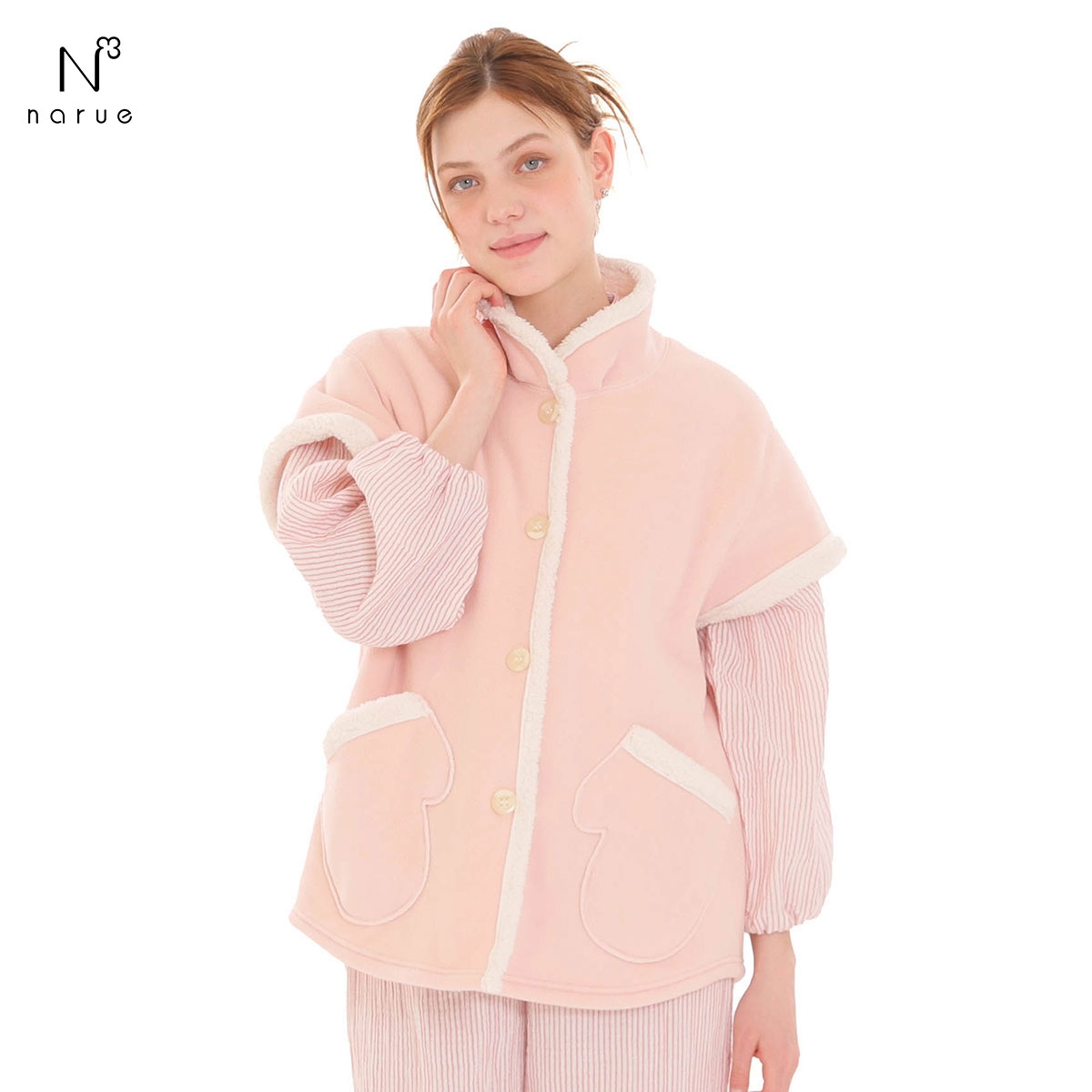 ナルエー パジャマ フリースボアベスト ルームウェア 裏起毛 半袖 NARUE(PI-ピンク-M-L)