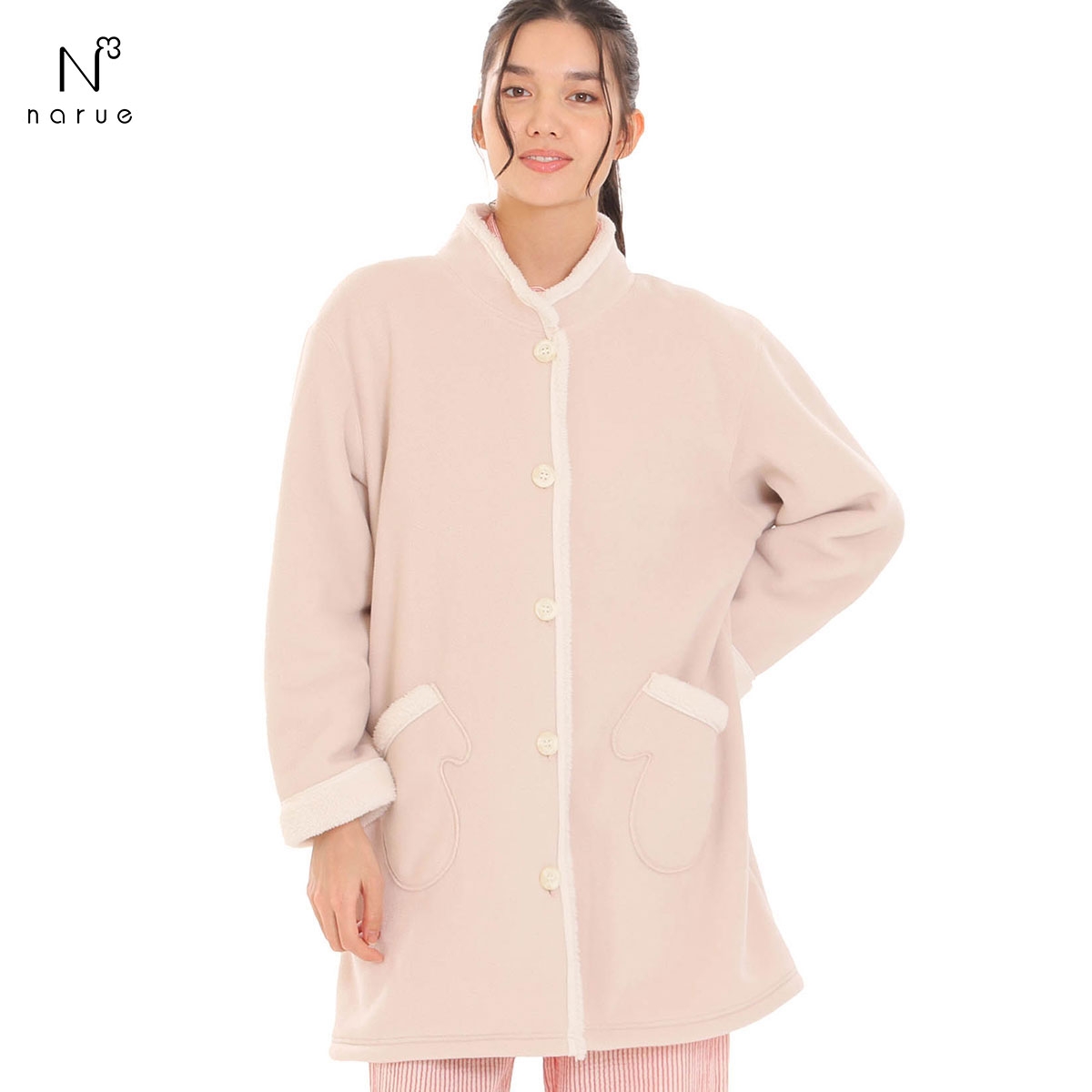ナルエー パジャマ フリースボアガウン ルームウェア 裏起毛 NARUE(BE-ベージュ-M-L)