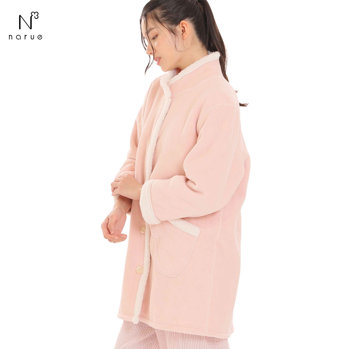 ナルエー パジャマ フリースボアガウン ルームウェア 裏起毛 NARUE(PI-ピンク-M-L)