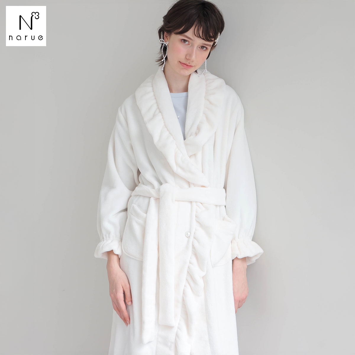ナルエー パジャマ ソフティースノーフリルガウン 長袖 ルームウェア NARUE(IV-アイボリー-M-L)